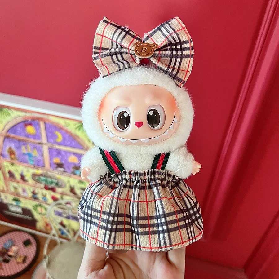 15/17cm Labubu Brown Plaid Shirt & Jeans Set, Luxury Doll Outfit with Canvas Shoes for DIY AccessoriesT260304