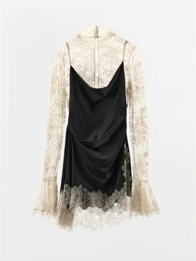 COOBBU Lace Patchwork Mini Dress Women Elegant Full Flared Sleeve Waist Cinching Slim Mini Dresses 2026 Lady Street Chic Gown M260304