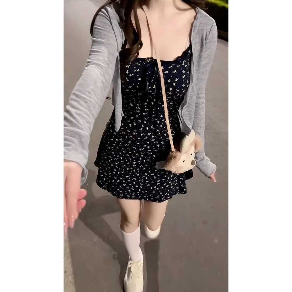 Sweet Spicy Strappy Mini Bodycon Dress Beach Cover-Up for Women Fashionable Fall New Arrivals French Floral Print Waist-Defining M260304