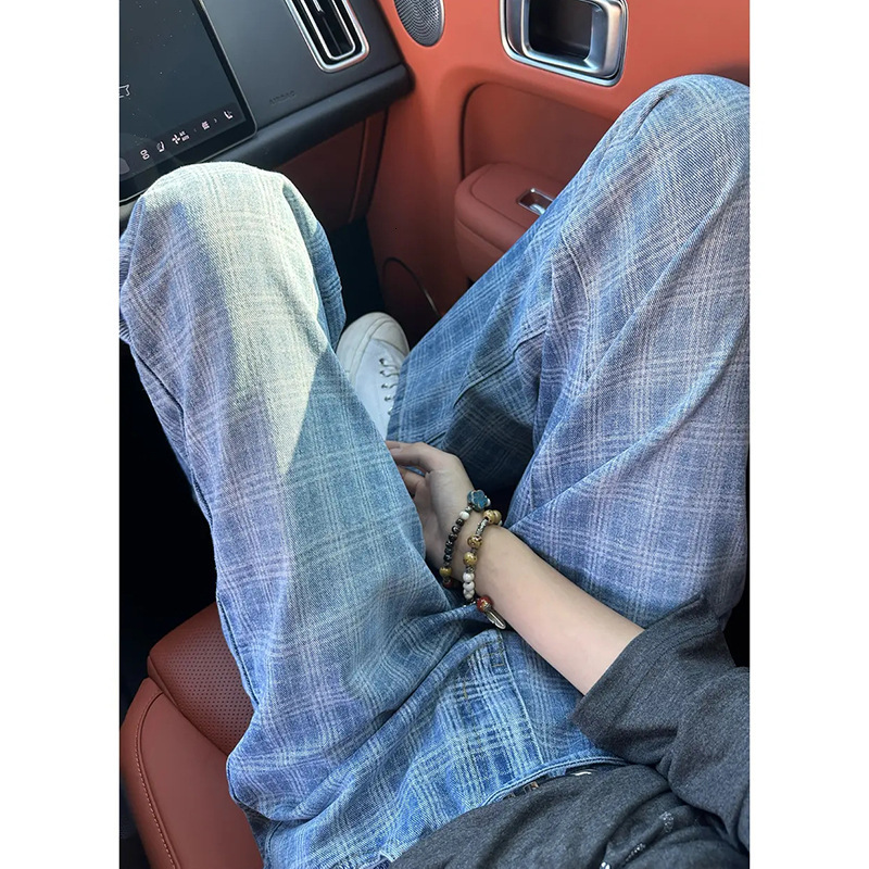 Blue Plaid Jeans For Men Summer Thin Style Cool High-end Feel Pants American High Designer Pants Street Trendy Brand Crotch Lift Flared Pants