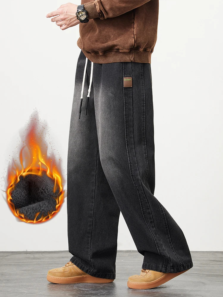 Mens Winter Warm Jeans FleeceLined Thick Insulated Denim Pants WideLeg Straight Thermal Baggy Asian Size L5XL 260228