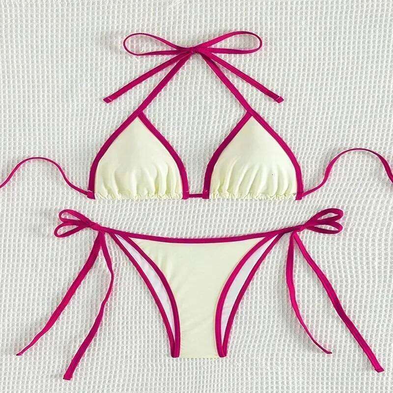 Contrasting Colors String Micro Thong Bikinis Sets Sexy Swimsuit Women 2025 Halter Mini Swimwear Biquinis Beachwear Bikini Mujer Y260303