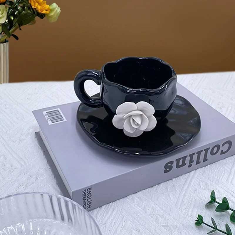 Petal Coffee Mug Creative Hand-pinched White Rose Cups and Saucers Home Afternoon Tea Ceramic Mug Three-dimensional MugT260304
