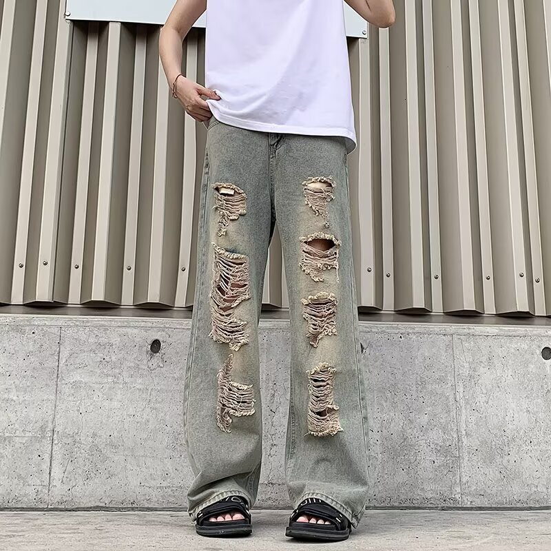 High Street Vintage Distressed Earth Tone Jeans For Men And Women Retro Niche Designer Pants Design Draped Slim Straight Leg Beggar Pants