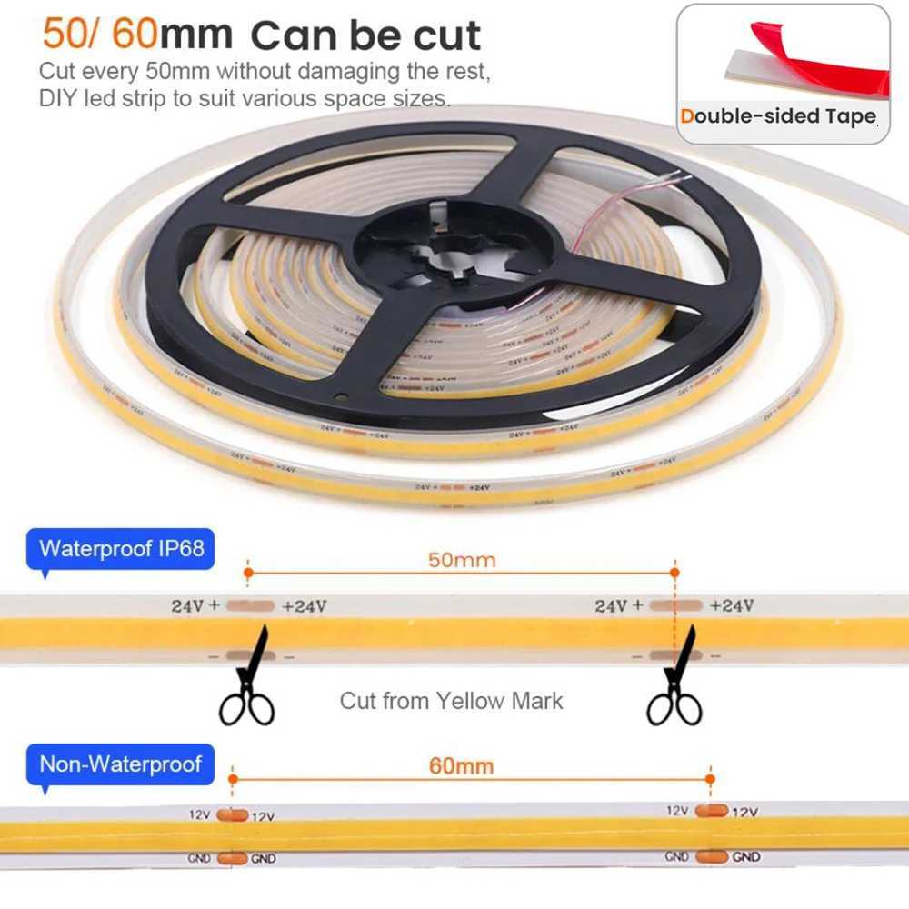 12V 24V IP68 Waterproof COB LED Strip Light 5m 10m 15m 20m 05m Flexible Tape IP30 320 LEDs High Density Bright Liner Lighting H260304