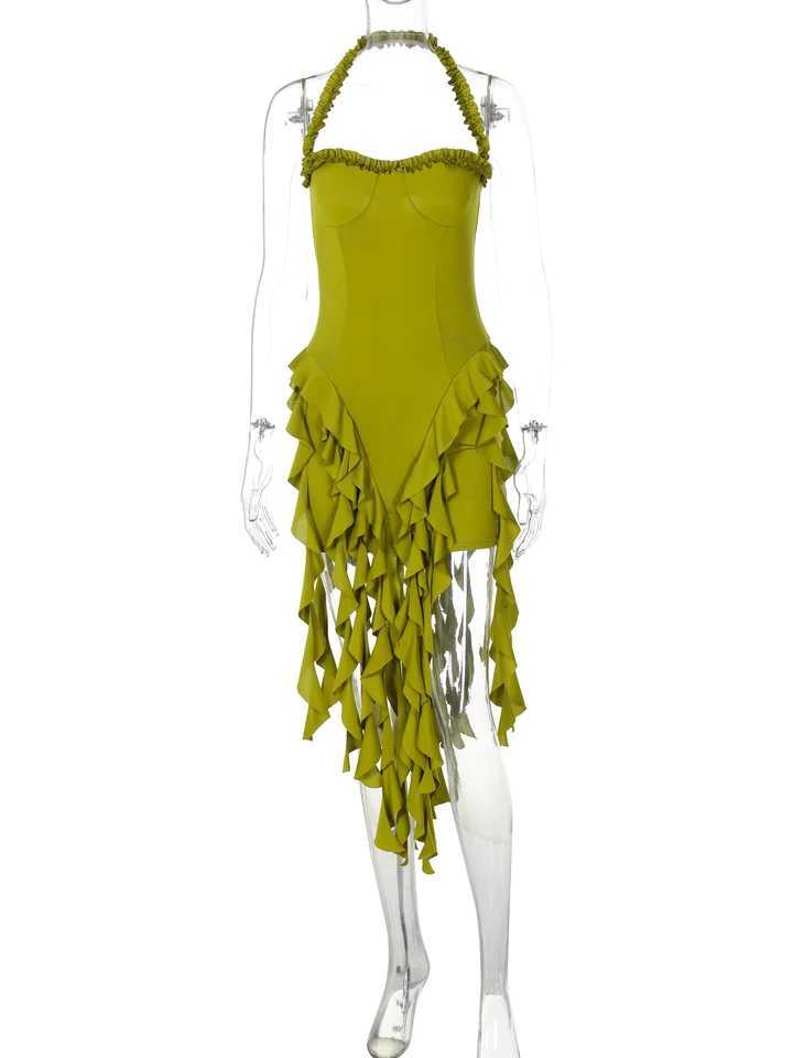 Hugcitar Elegant Halter Solid Ruffles Backless Taseel Sexy Slim Mini Dress Spring Women Cute Outfits Birthday Party Vacation M260304