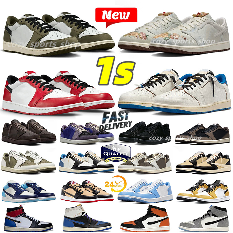 With Box new designer 1s low high basketball shoes Medium Olive Military Blue Chicago Varsity Red top quality men women shoes Pink black blue outdoor trainer sneakers
