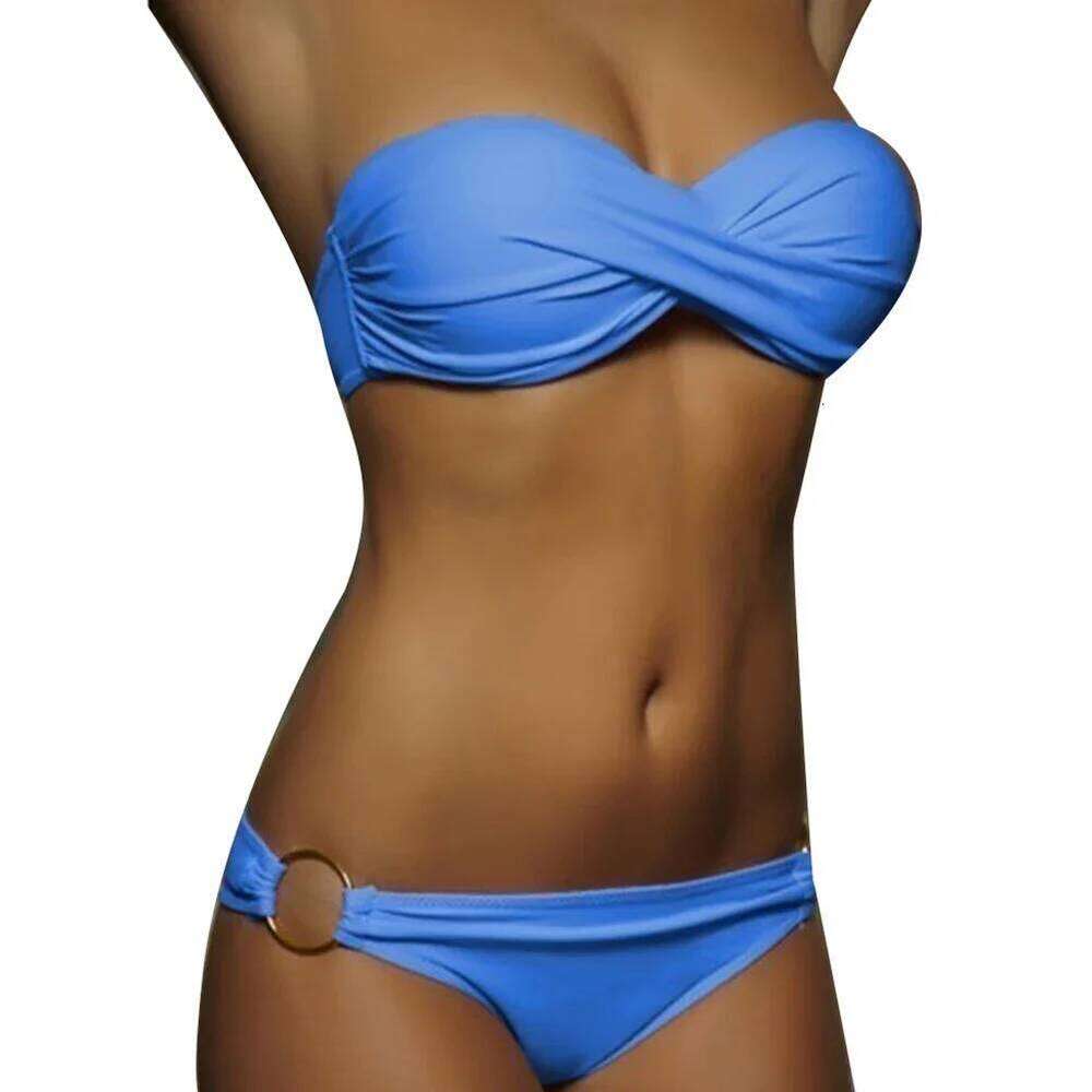 Summer Sexy Two-piece Swimsuit Swimwear Women Cross Pleated Bra Metal Ring Briefs Female Bikini Off Shoulder Bathing Suit Y260303