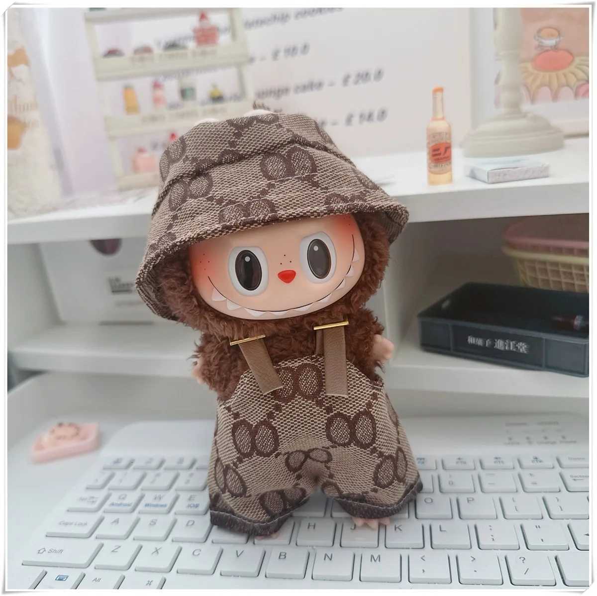 17cm Labubu Fashion Black Monogram Hat and Overalls Set, Doll Clothing for Party Game & DIY ToysT260304