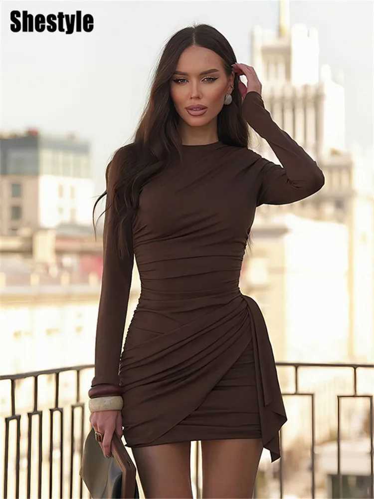 Shestyle Crew Neck Solid Slim Sheath Dress Women Long Sleeve Overlap Burgundy Elegant Casual Bodycon Outfits Office Lady 2026 M260304
