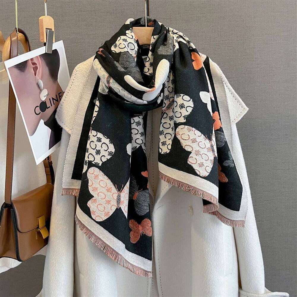 185*65cm Tassel Autumn/Winter Warm Scarf Women's Butterfly Print Imitation Cashmere Thick Shawl Warps Coldproof Blanket XJ260304