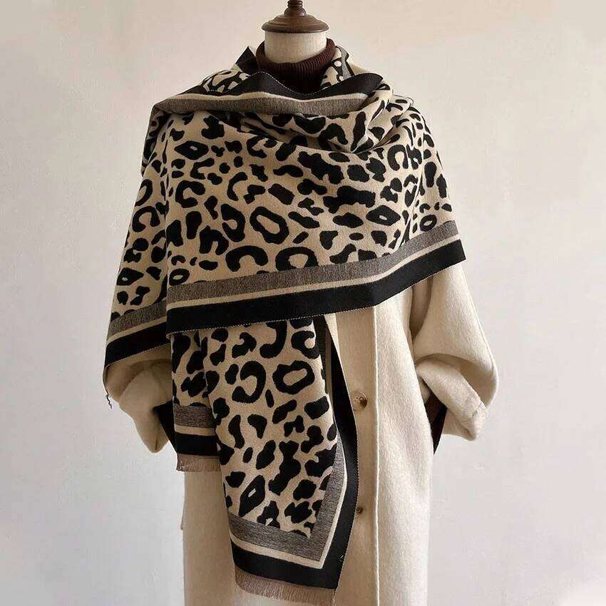 1pc Women's double-sided jacquard imitation cashmere Fashionable color matching leopard warm shawl scarf with tass XJ260304
