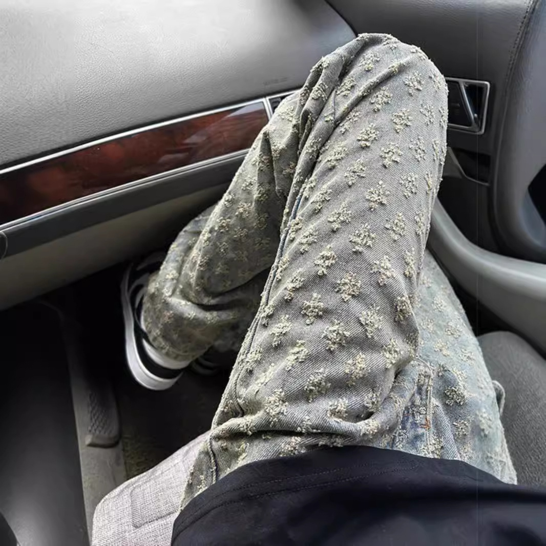 Blue Jacquard Full Print Flared Jeans American Designer Pants Oversize Pants Trendy Brand Cool Street Style Men's Cargo Straight Pants