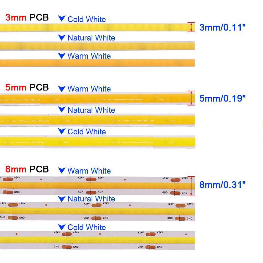 COB LED Strip Light 5V 12V 24V 320 480 384 528 LEDs Flexible Tape 5mm 3mm 8mm PCB Warm Natural White High Density Linear Lights H260304