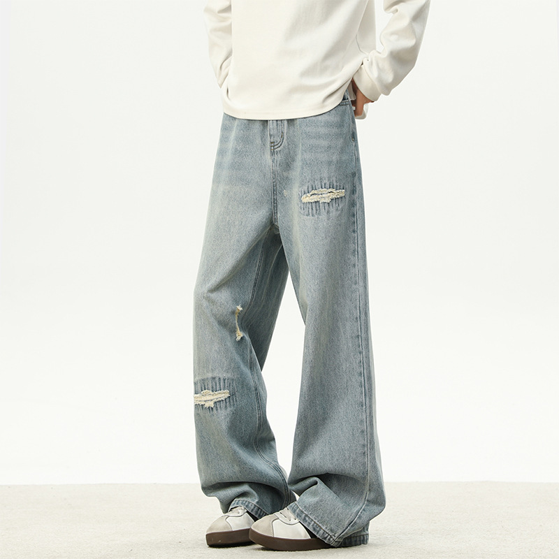 American-style High Street Jeans For Men Spring Trendy Wide-leg Curved Pants Distressed Designer Pants Hip-hop Loose Straight Pants