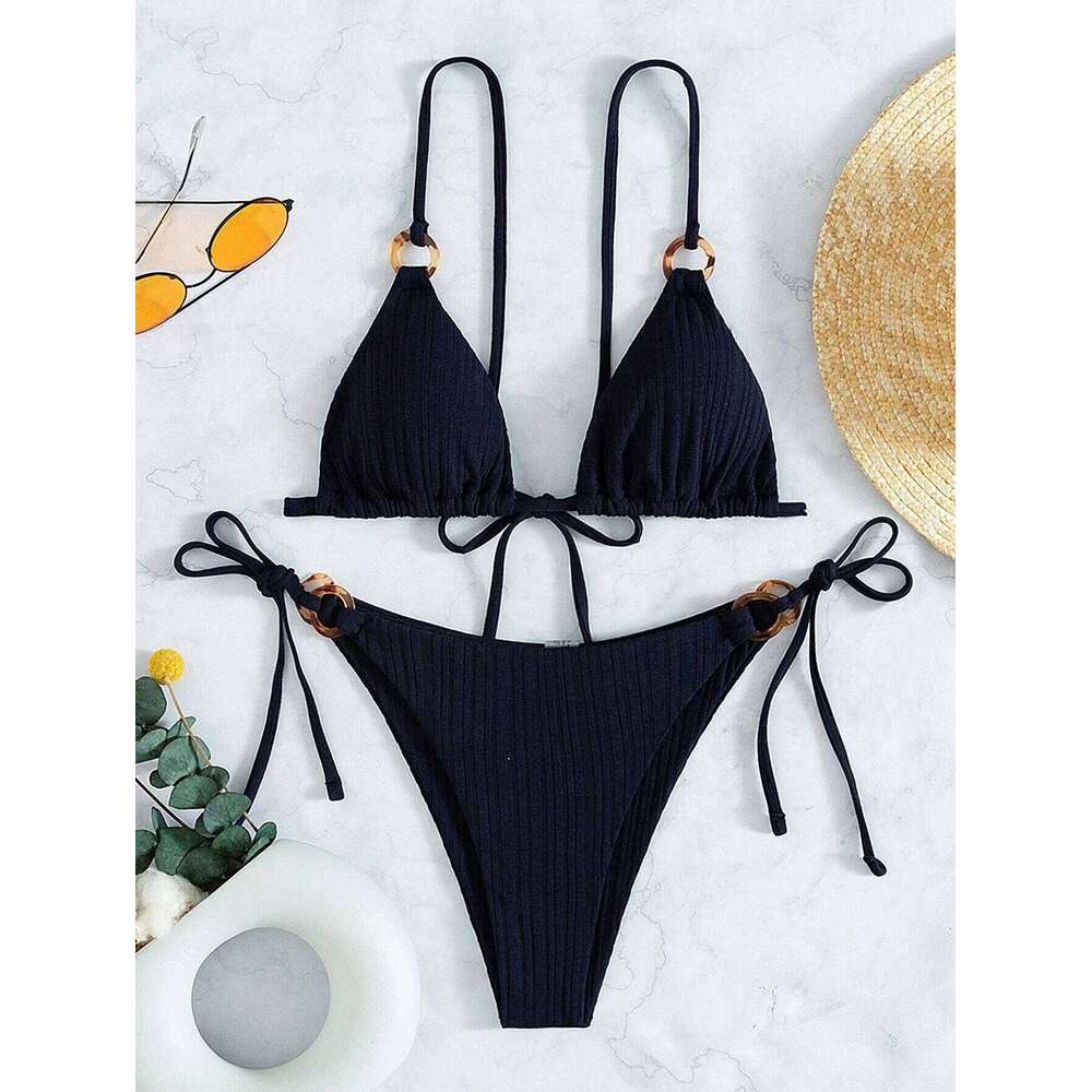 sexy rib texture triangle string bikini set women push up padded thong swimsuit female cut out bathing suit swimwear biquini Y260303