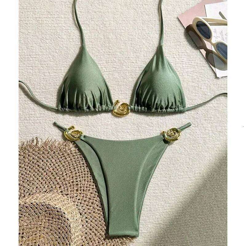 Metal Micro Swimwear Women Sexy Lace Up Triangle Halter High Cut Thong Bikini 2025 New Beach Bathing Suit 2 Piece Set Y260303