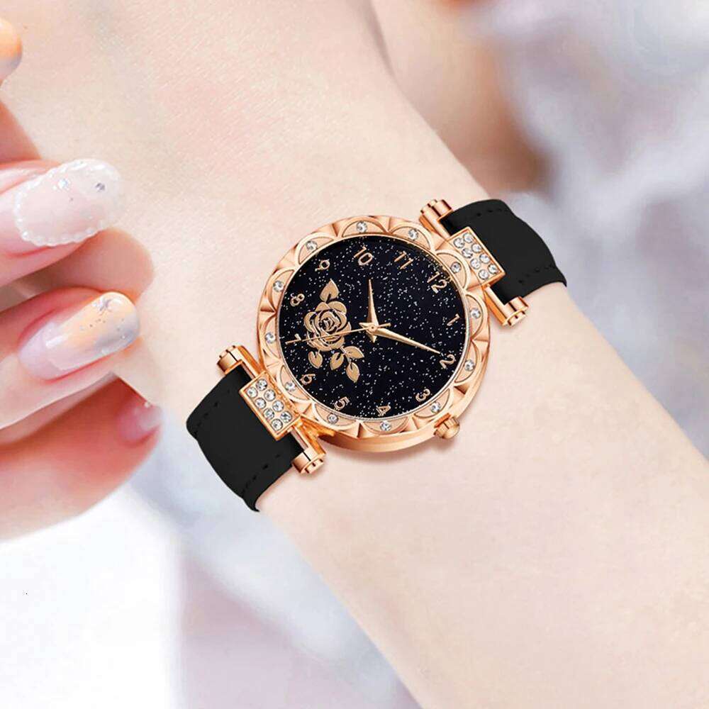7PC Women's Fashionable and Elegant Flower Element Dial Quartz Watch Bracelet Necklace Ring Earrings Set Perfect Gift XJ260303