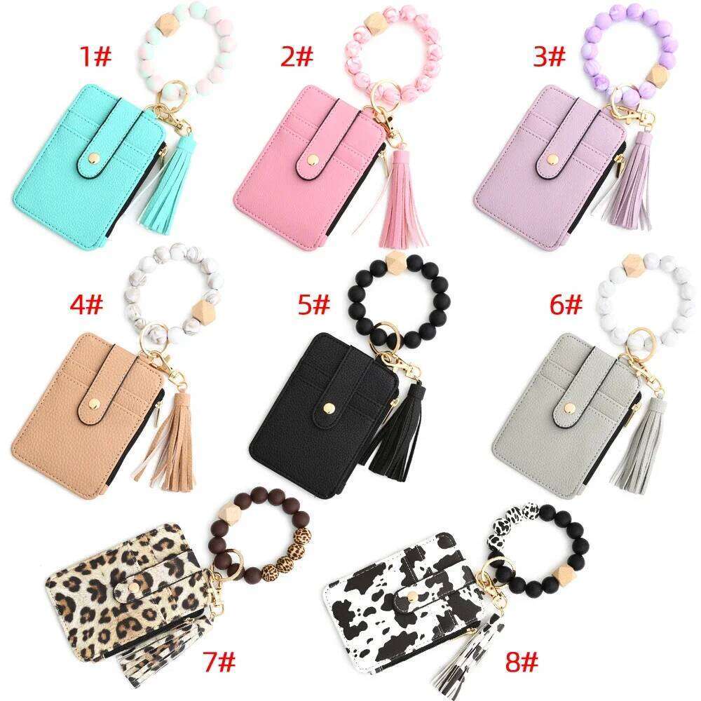 2023 Fashion multifunctional Pattern Credit Card Bag Pu Leather Coin Purse Women Silicone Bead Bangle Keychain C260304