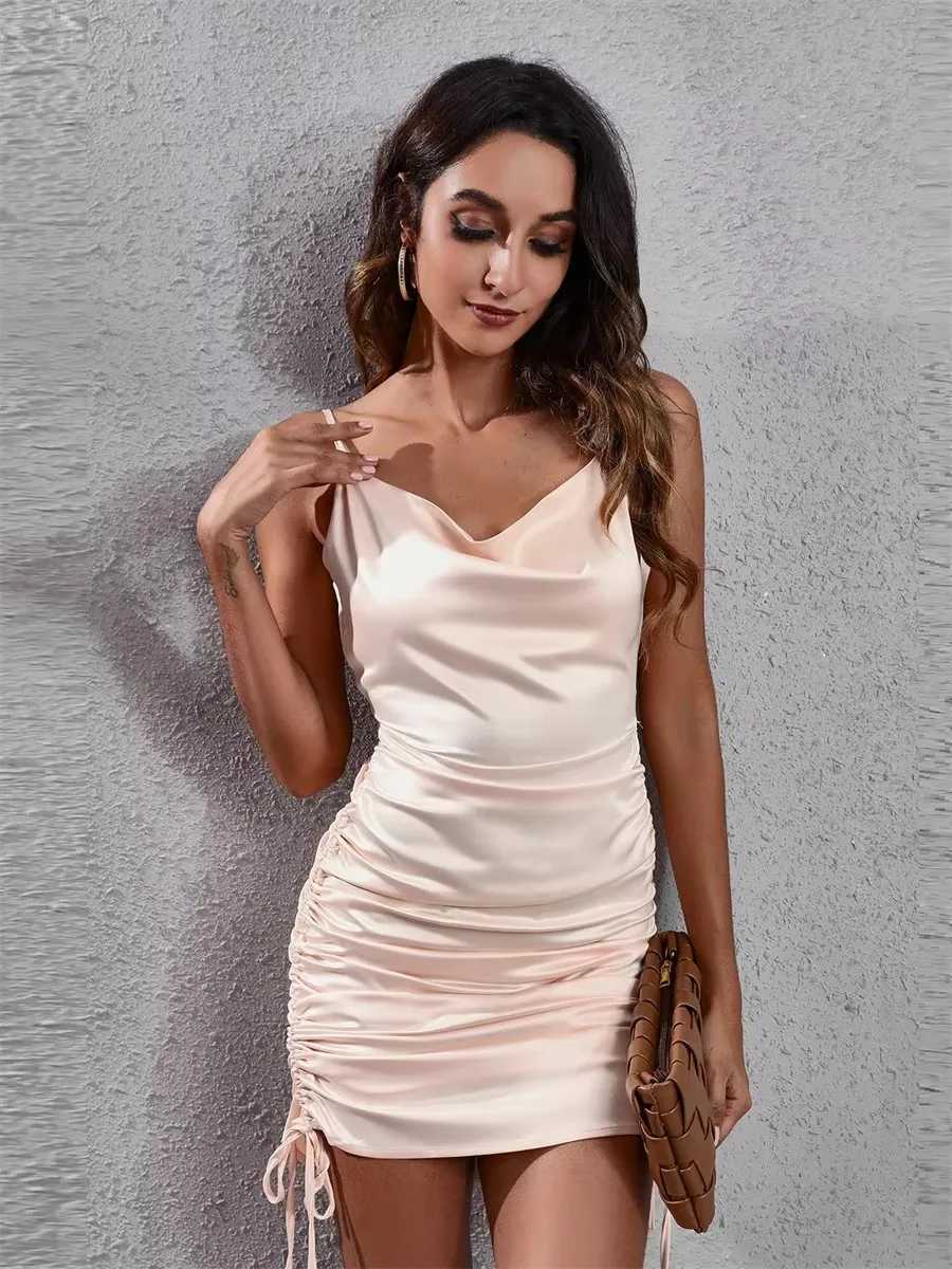 Womens summer style drawstring satin dress womens V-neck backless pleated backless solid color dress M260304