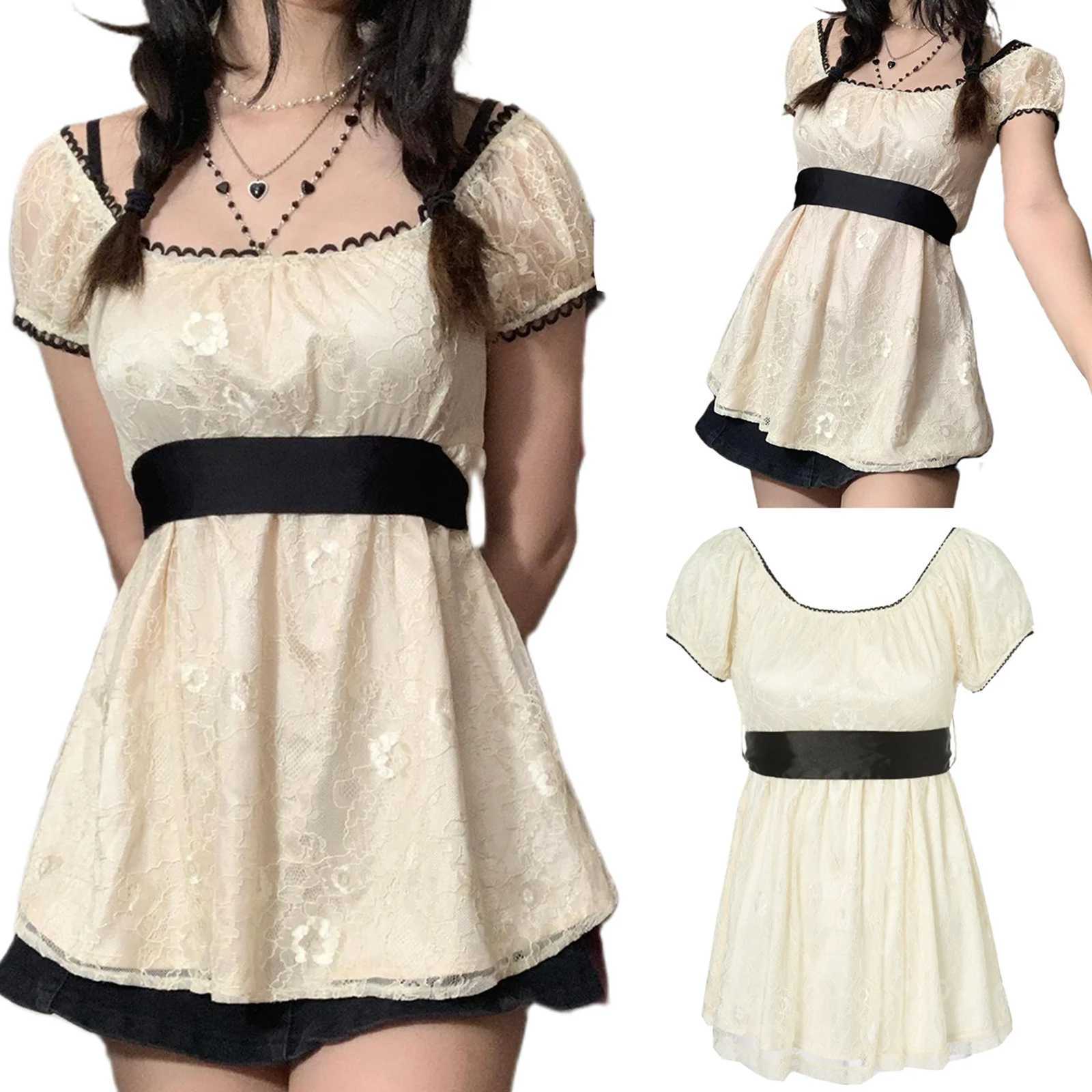 2024 Sweet Fairy Grunge Lace A Line Dresses Summer Women Patchwork Puff Sleeve Kawaii Dress Aesthetic Outfits M260304