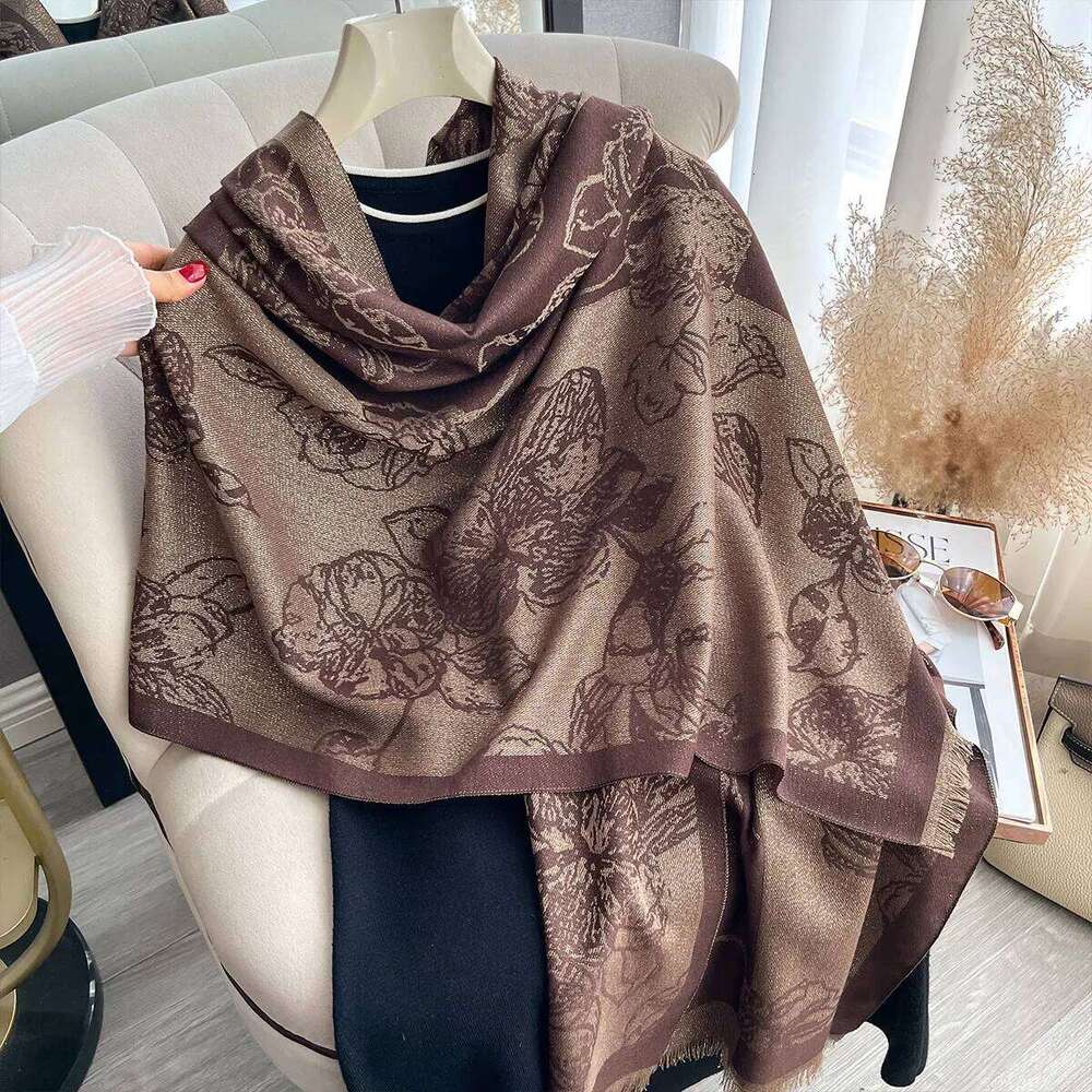 New Spring and Autumn Women Elegance Flowers Shawl Brand Designer Lady Golden Thread long Scarf Muslim Wrap Headscarf Pashmina XJ260304