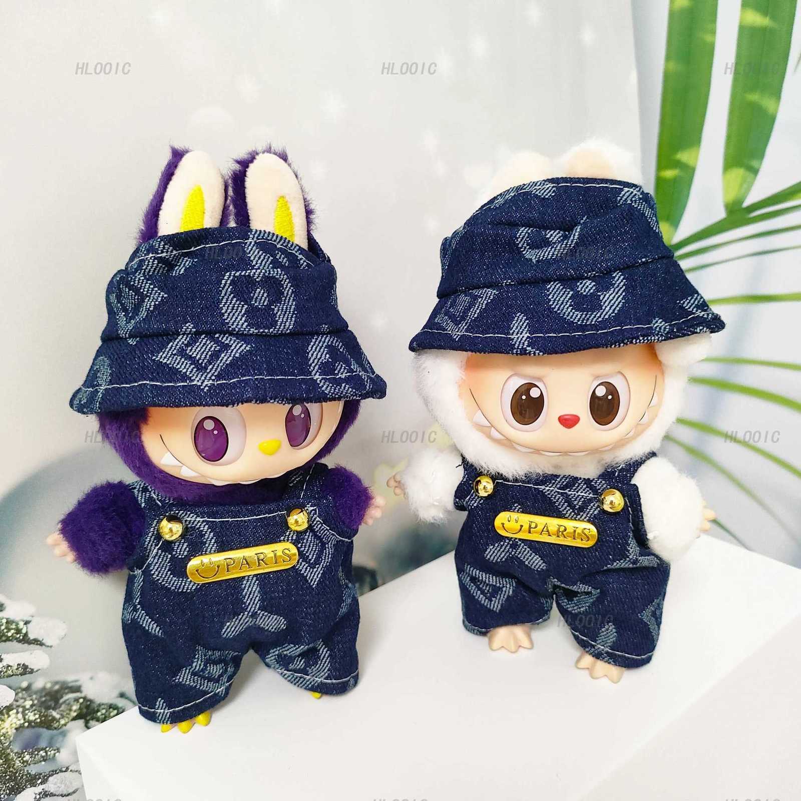 Denim Jacquard Overalls & Bucket Hat Set with Metal Badge for 15cm 17cm Labubu Dolls Outfit AccessoriesT260304