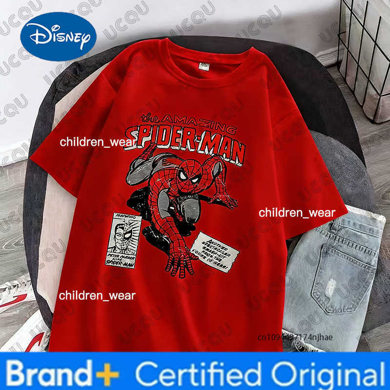 Disney Spider-man Movie Retro Comic Print Children Cotton Tshirt Summer Short Sleeve Tees Parent-child Clothes Casual Kids/Adult Tops H260304