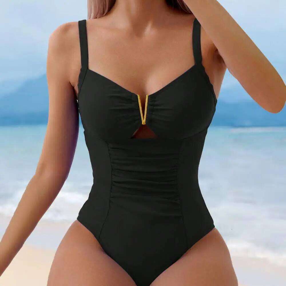 Bikini Stylish V-neck One-piece Swimsuit for Women Pleated Monokini Beachwear with Quick-drying Fabric Solid Y260303