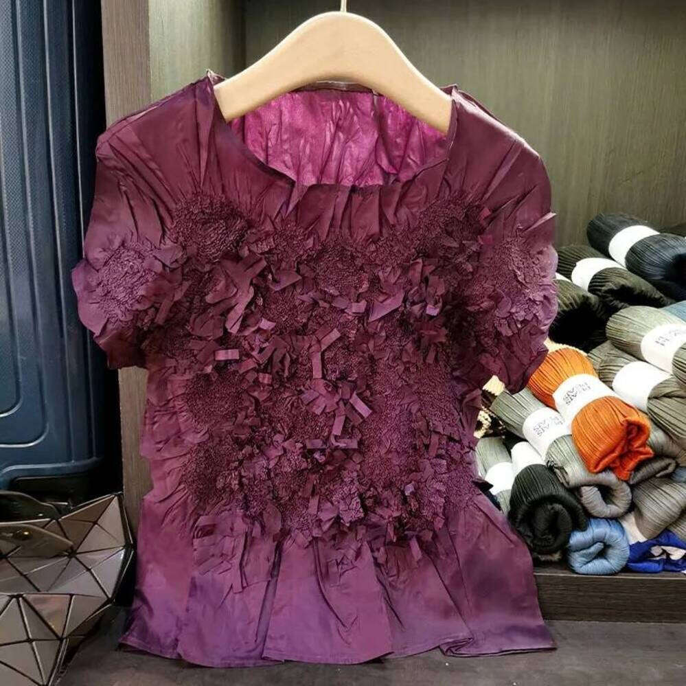 ZHE HAN Miyake Pleated Tops Elegant Commuter Slim Thin Short-Sleeved T-Shirt Female Summer New Simple Vacation Clothing Wrinkle-Free