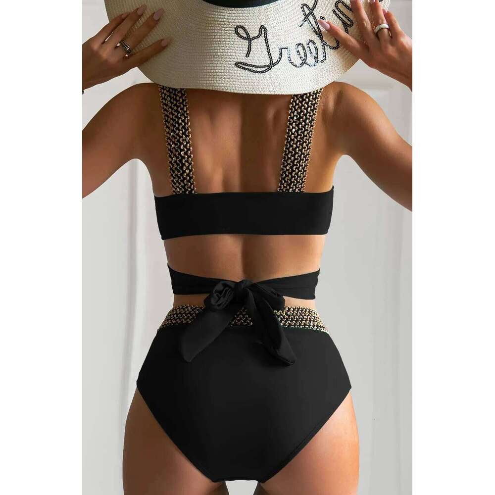 Cross High Waist Bikinis 2025 Women Black Swimwear Solid Swimsuit Female Beachwear Summer Bathers Bathing Suit Swimming Y260303