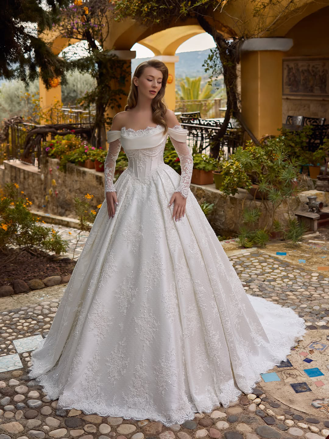 Graceful A Line Women Wedding Off Shoulder Long Sleeves Bridal Gowns Pearls Beaded Lace Sweep Train Dress Custom Made Vestidos De Novia D0306