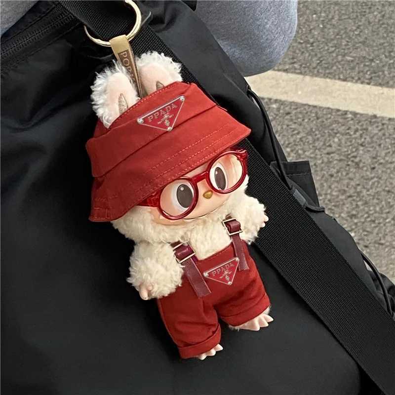 Luxury Triangle Badge Set with Bucket Hat, Overalls & Retro Glasses for 15cm 17cm Labubu Dolls Trendy Outfit AccessoriesT260304