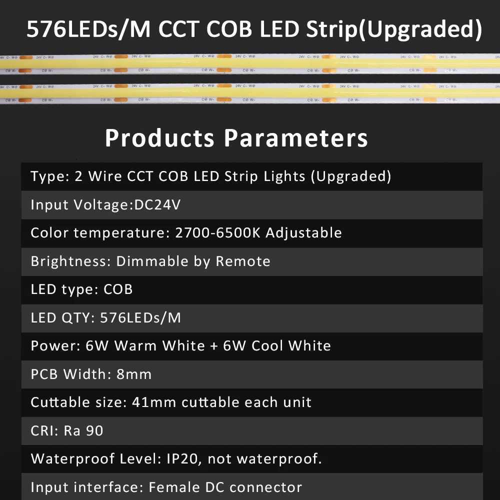 1M 2M 3M 4M 5M CCT COB LED Strip Light 24V Flexible Ribbon WW CW 2700-6500K Dimmable Linear Lighting with Remote Control EU Set H260304