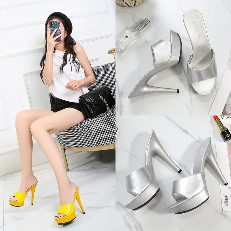 Womens Slippers Mule Patent Leather Sandals Sexy Fashion 13CM Slides Party Shoes for Woman Red Sandals Summer Comfortable 260306