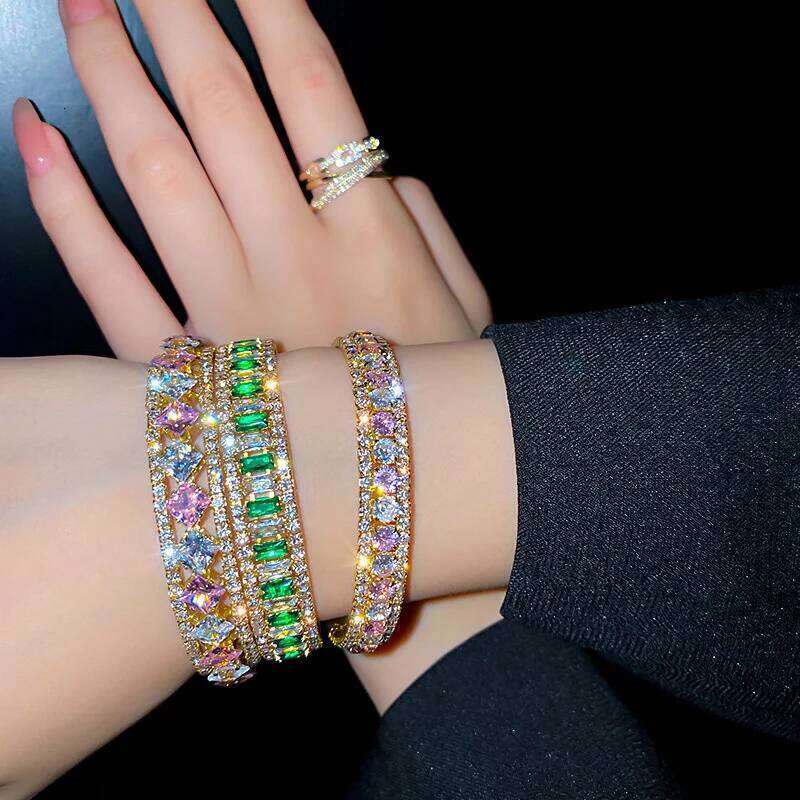 Geometric Zircon Bracelet & Bangles For Women Pink Green Cuff Bracelets Weddings Party Jewelry XJ260303