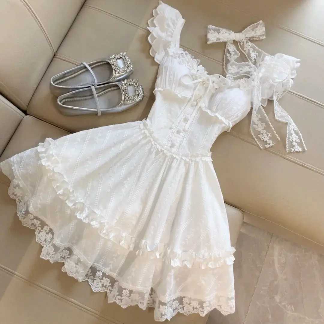 Sweet Princess Dress Woman French Lace Sim Fairy Dress Harajuku Gyaru Elegant Chic Ball Gown Summer Kawaii 90s Sexy Fashion M260304