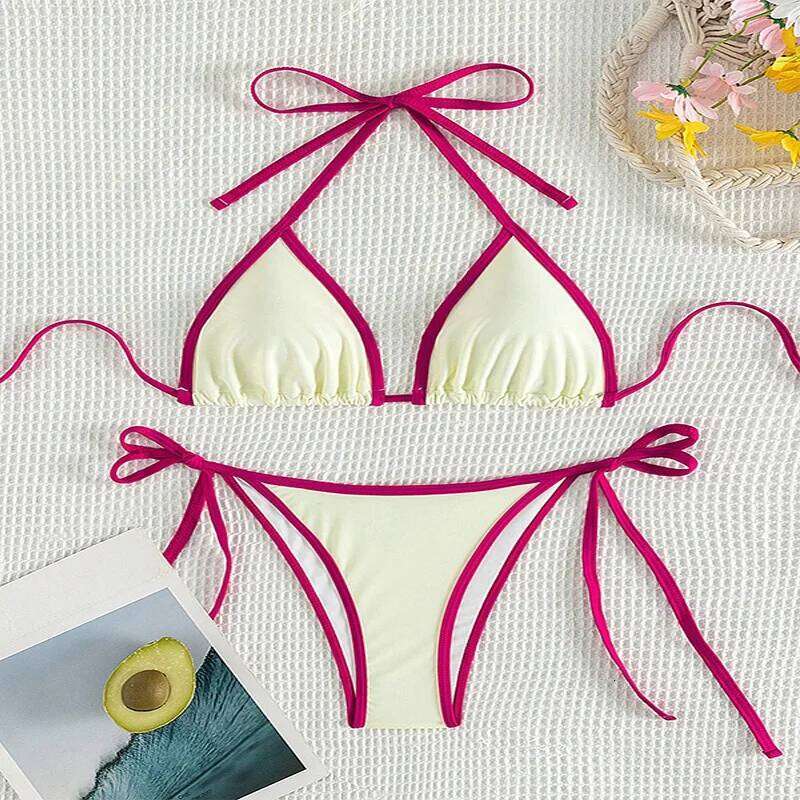 Yiiciovy Sexy Halter Bikini Set Women's 2 Piece Swimsuits Summer Contrast Line Triangle Thong Swimwear Brazilian Bathing Suits Y260303
