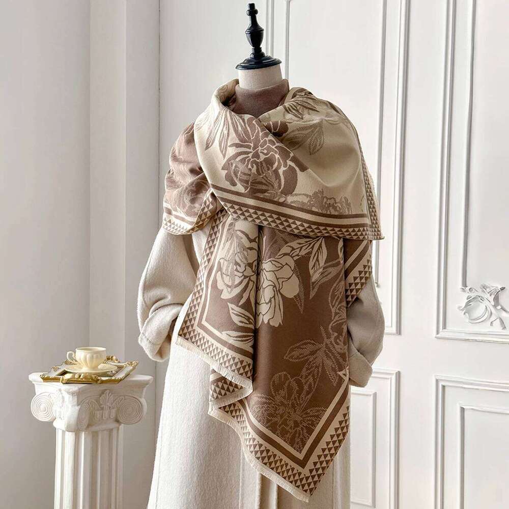 Women's Imitation Cashmere Flower Printed Scarf Lengthened Thickened Warm Shawl Winter Fashion Accessory XJ260304