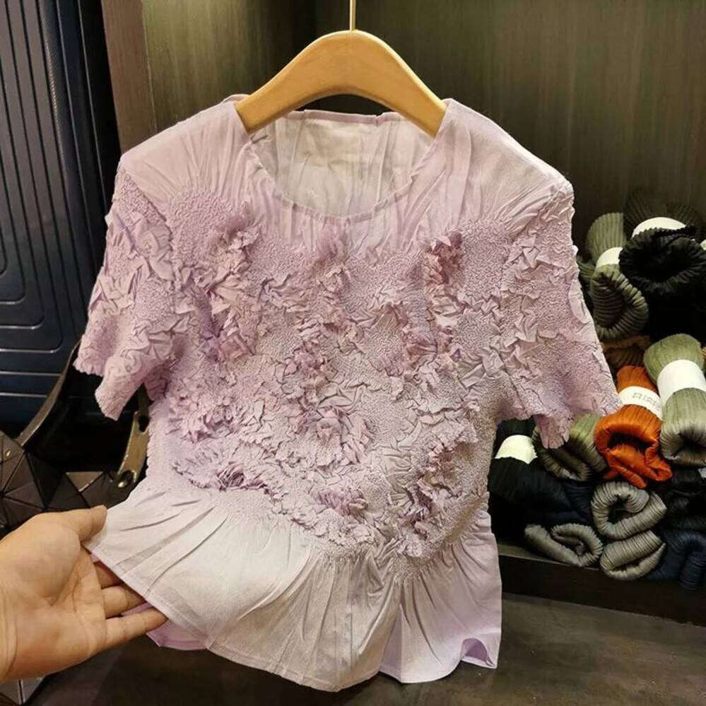 ZHE HAN Miyake Pleated Handmade Stacked Flowers Fold Round Neck T-Shirt Summer New Solid Versatile Thin Short-Sleeved Pleat Tops