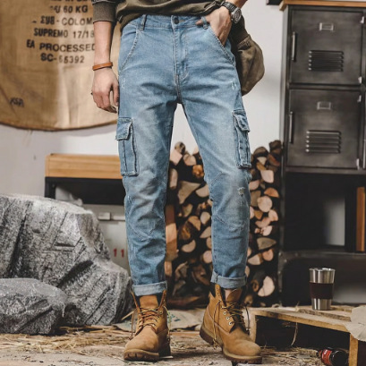 Spring And Designer Pants Autumn European And American New Men's Jeans With Multiple Side Pockets Stretchy Slim-fit Skinny Jeans