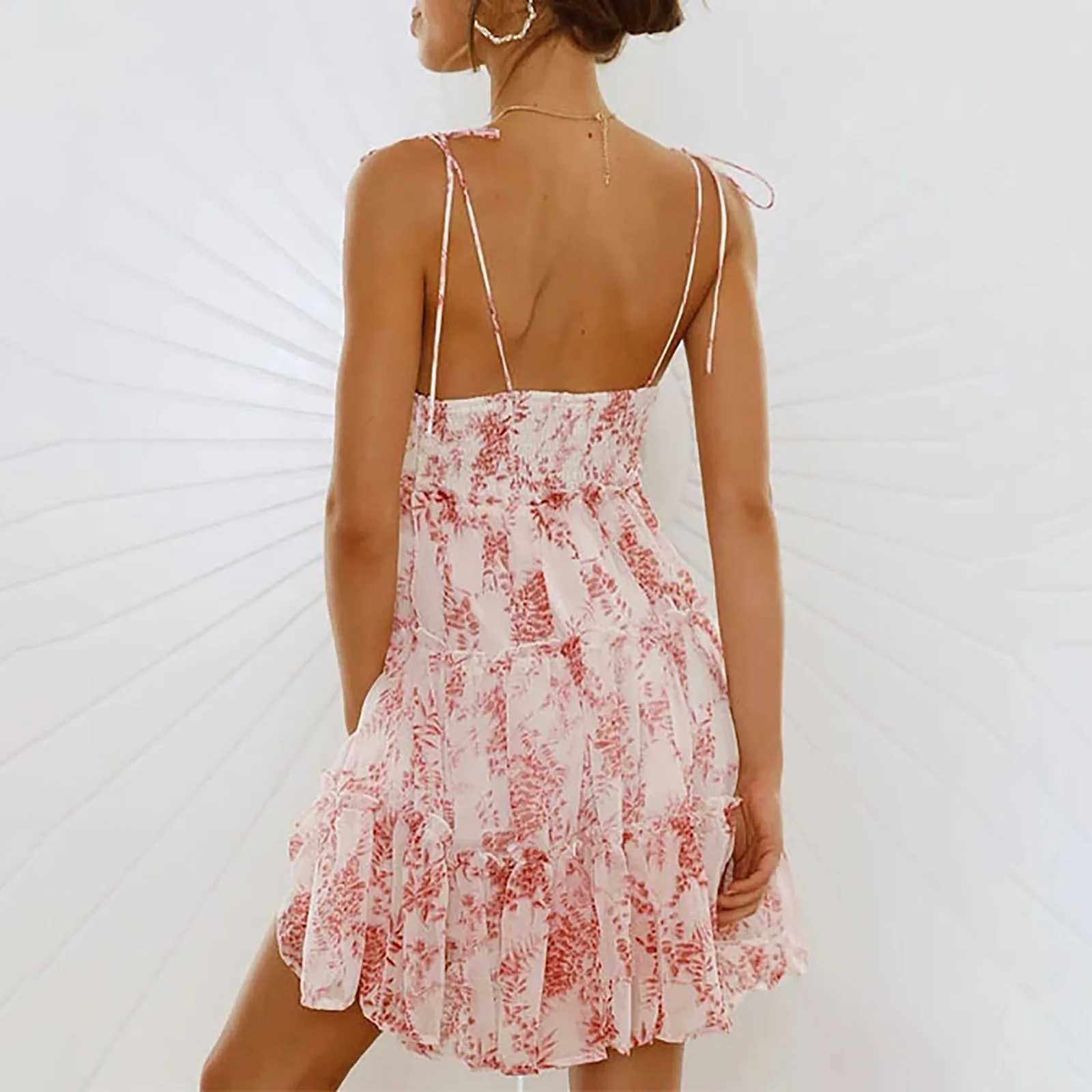 Pure And Alluring Style Floral Print Dress WomenS Sexy Halter-Neck Backless Ruffle Skirt Avocado Green Petite Short Skirt M260304