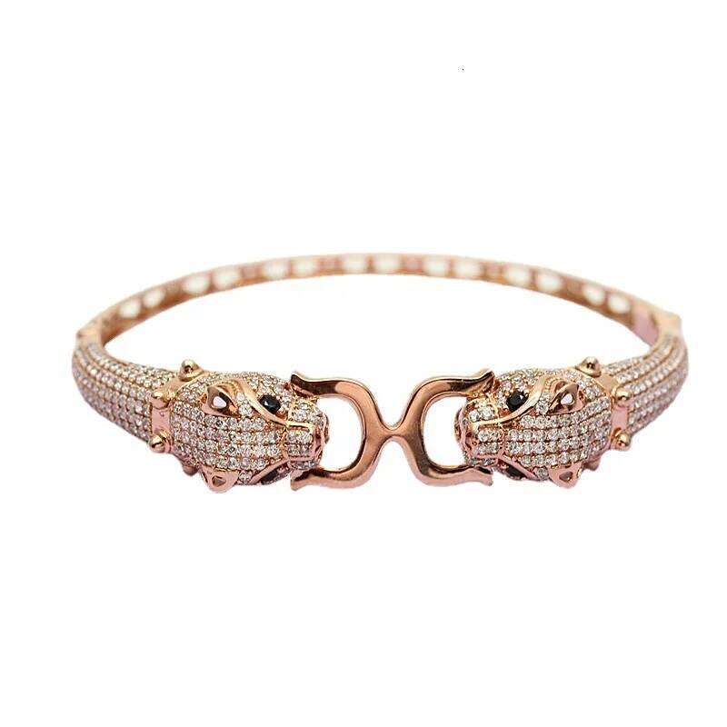 585 Purple Plated 14K Rose Gold Luxury Micro Inlay Crystal Fashion Leopard Head Bracelet for Women Classic Wedding Jewelry XJ260303