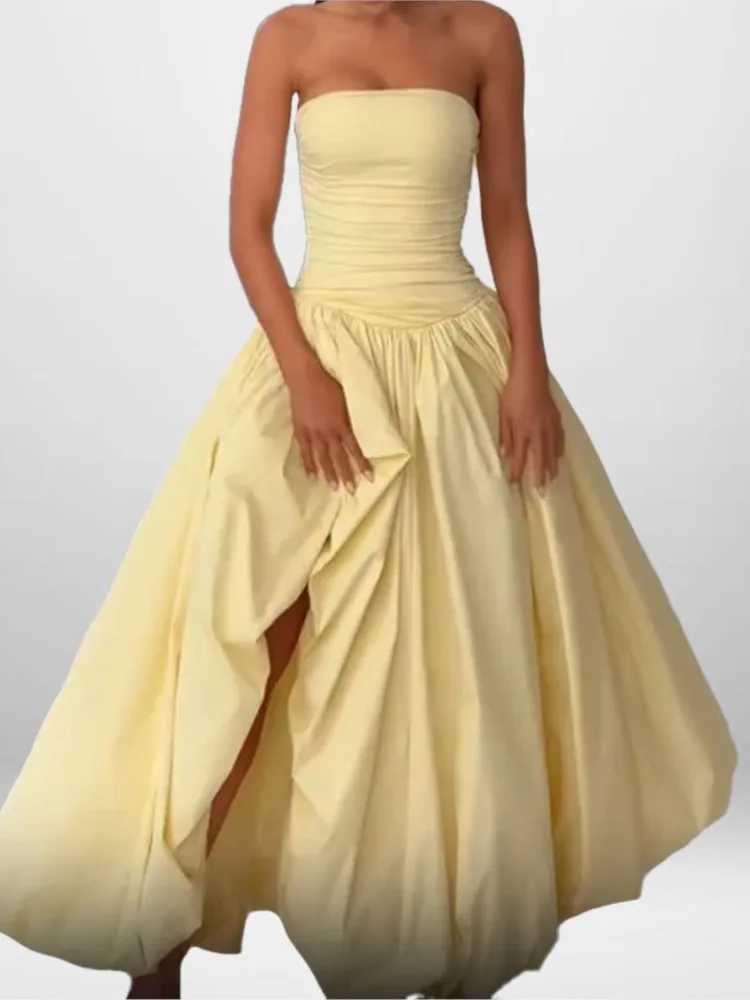 Elegant Womens Dresses Solid Color Tube Top Irregular Pleated Slit Sleeveless Robe Party Date Business Nightclub Sexy Vestidos M260304