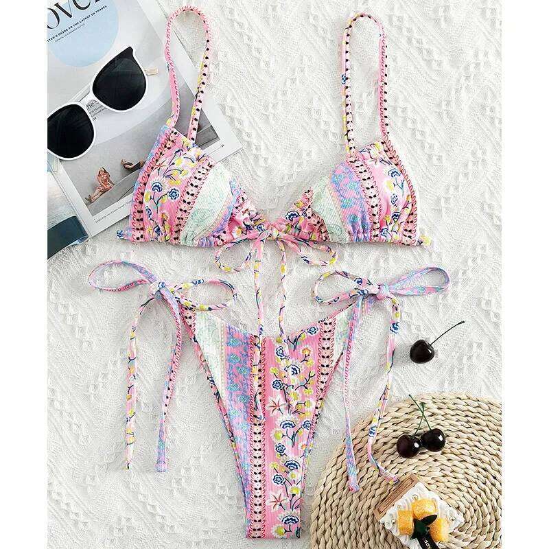 2025 Floral Print String Bandage Bikini Set Swimwear Women Summer Sexy Push Up Bathing Suit Beachwear Halter Biqiuni Swimsuit Y260303