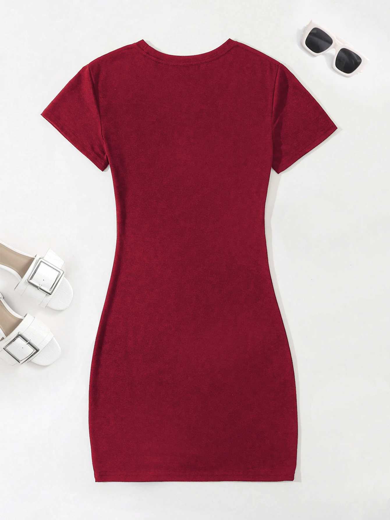 Womens Summer Bodycon Elegant Sexy Round Neck Short Sleeve Fashionable Versatile Slim Dress Lettering Print A-line hip-hugging M260304