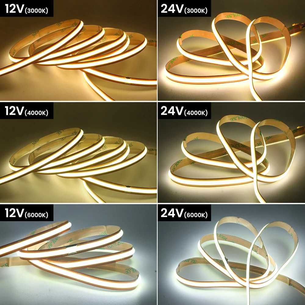 COB LED Strip Light Free Cut 12V 24V 1m 2m 5m 10m 05m Flexible Tape 528LEDs/M High Density Linear Lighting Warm/Natural White H260304