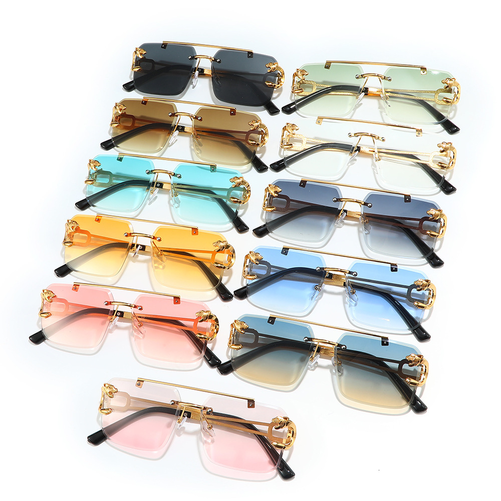 Hot-selling Double-beam Cut Edge Square Rimless Glasses Designer Sunglasses Sunglasses For Men European And American Fashion Leopard Trendy Sunglasses