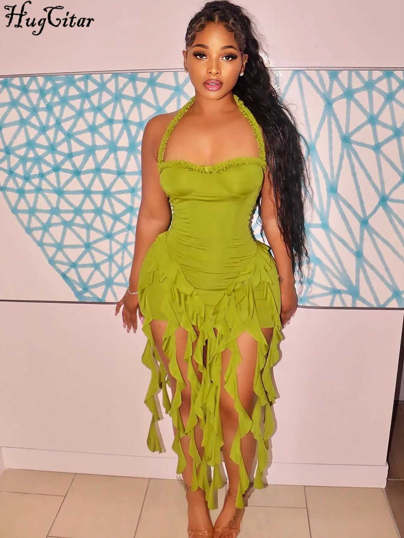 Hugcitar Elegant Halter Solid Ruffles Backless Taseel Sexy Slim Mini Dress Spring Women Cute Outfits Birthday Party Vacation M260304