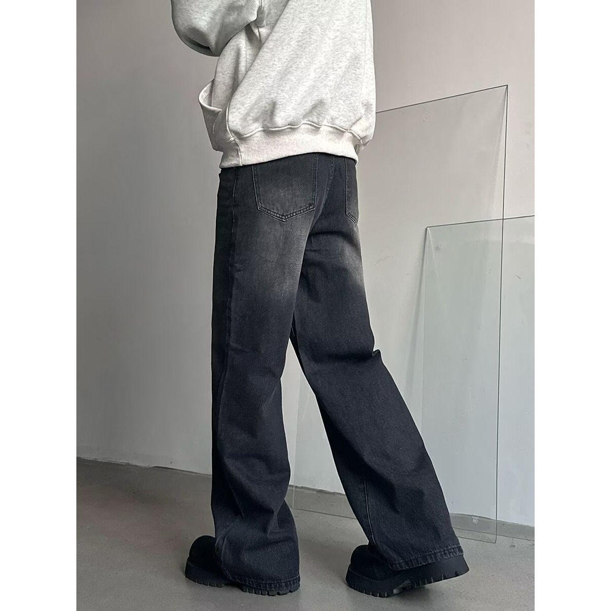 Washed Black Wide-leg Jeans For Men Loose Straight Cut Height-enhancing Casual Long Pants Designer Pants American Style Trendy Brand Spring And Autumn Style Ins